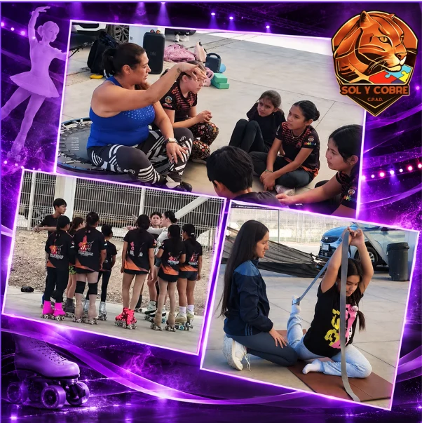 Collage de tres fotos de entrenamientos del club: una entrenadora explicando a un grupo sentado, deportistas en fila con sus patines y una deportista haciendo elongación con ayuda de una entrenadora.